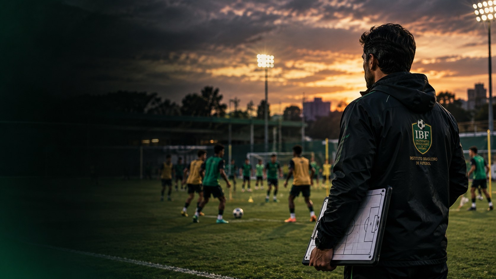 Treinador do IBF observando jovens atletas em campo ao pôr do sol