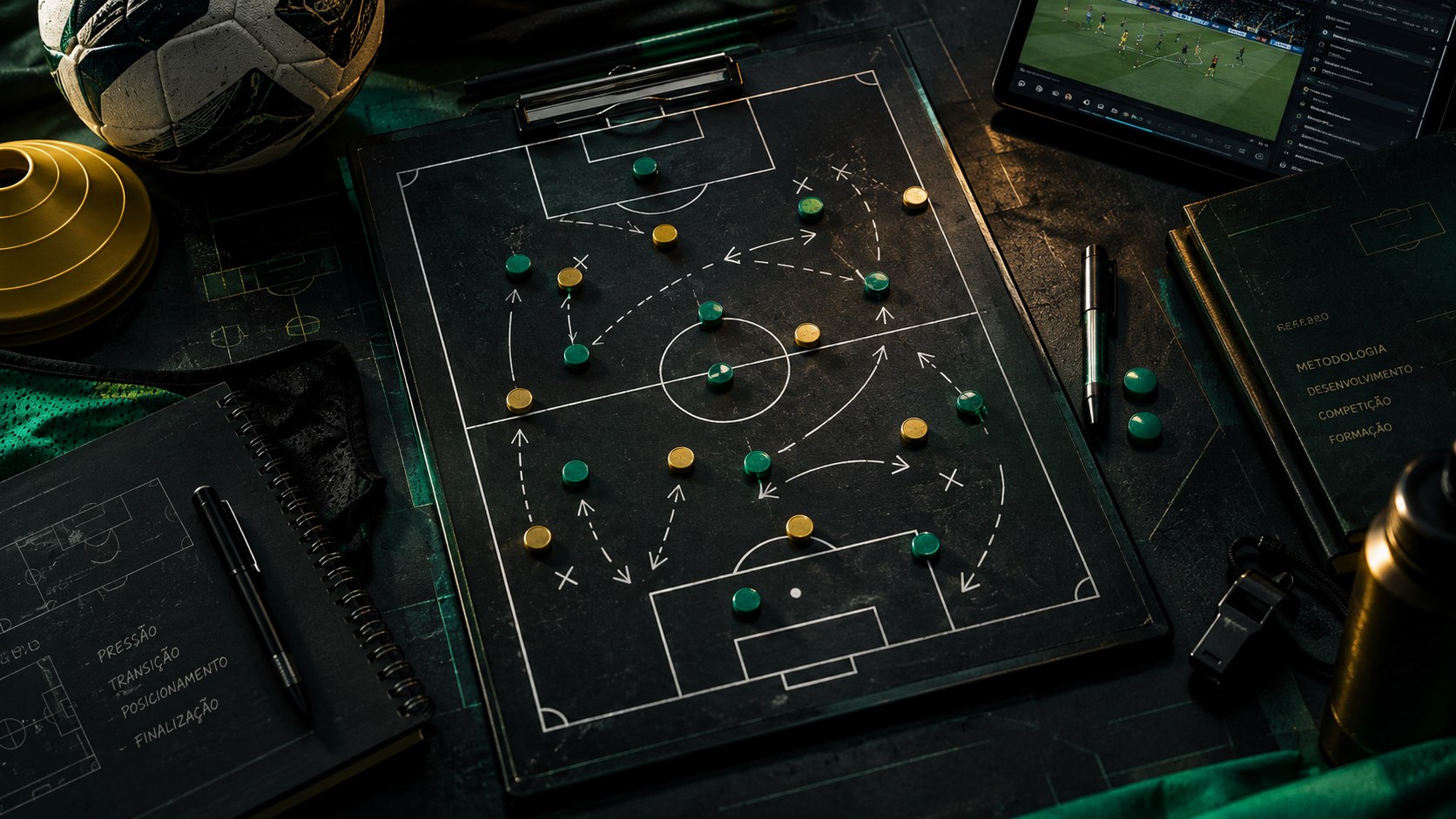 Prancheta tática e materiais de planejamento de futebol