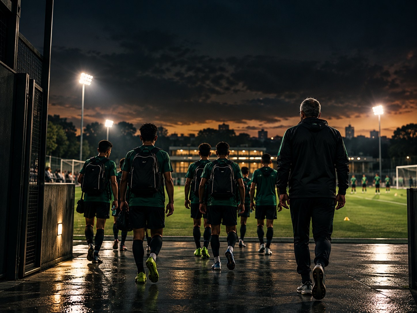 Treinador e jovens atletas entrando juntos no campo de futebol