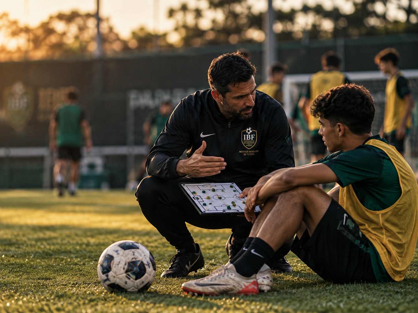 Treinador orientando um jovem atleta durante o treinamento